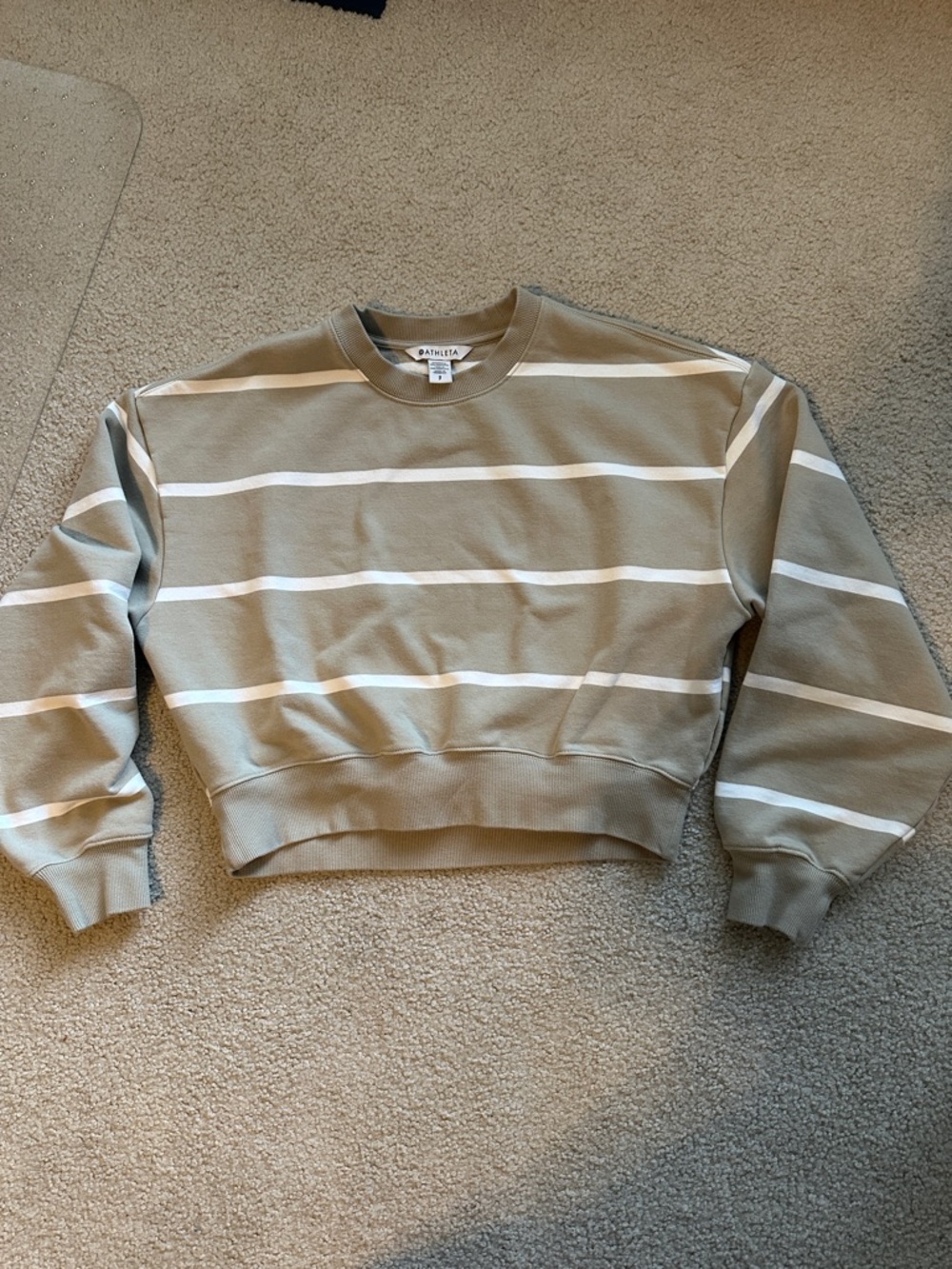 Athleta Terry Top Crop Crewneck Striped Sweater - Taupe & White S